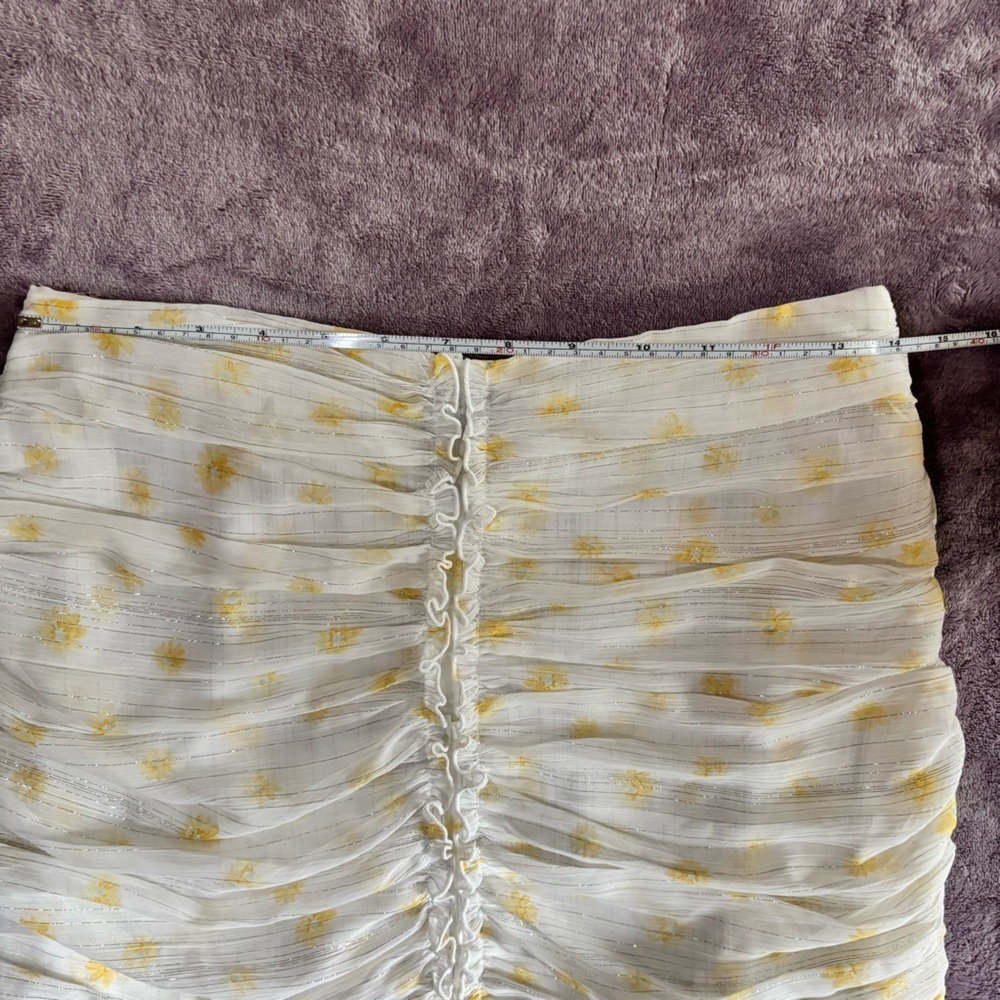 Forever 21 White Yellow Floral Ruched Ruffle Mini Skirt Metallic Stripe Medium - Picture 6 of 7